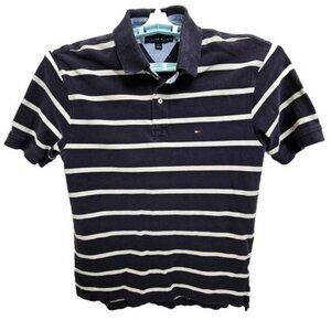Tommy Hilfiger Polo Shirt Men's M White Navy Blue Stripes Cotton